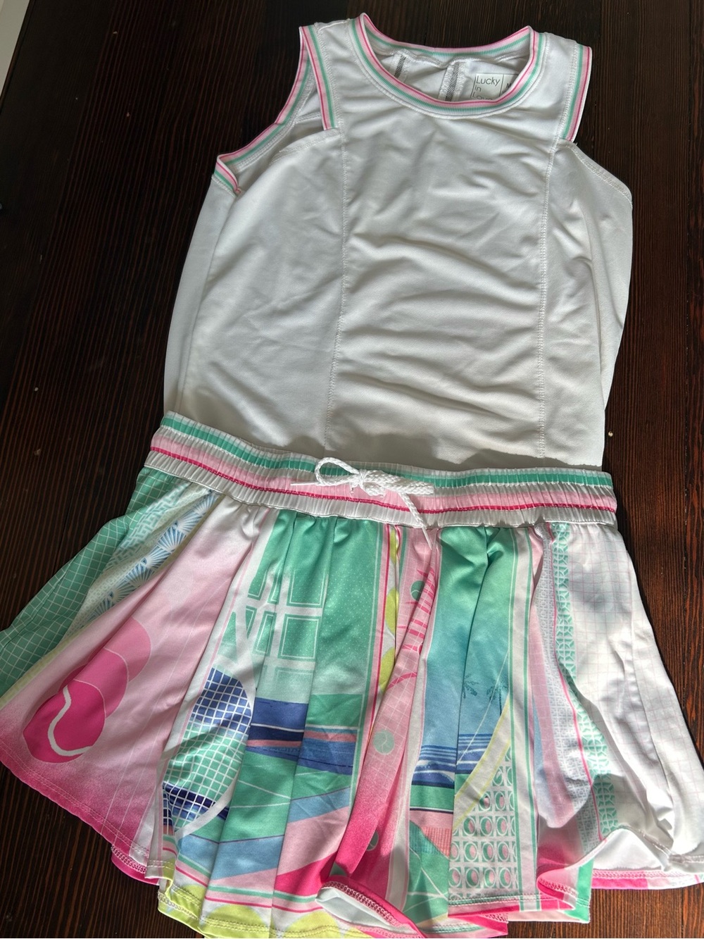 Lucky in Love Palm Beach Pastel tennis skirt and tank top set.